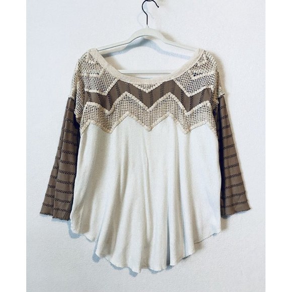 Free People Top Womens Large Waffle Knit Hi Low Hem Crochet Brown Ivory Boho - Picture 3 of 7